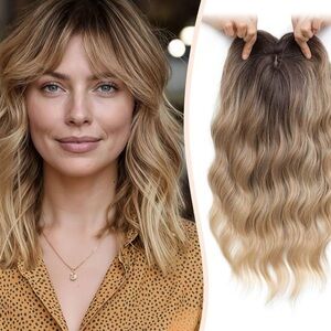 MARJORIE Hair Topper,Wavy Women 14”Hairpiece w/Wispy Bangs,Volume Booster Wiglet